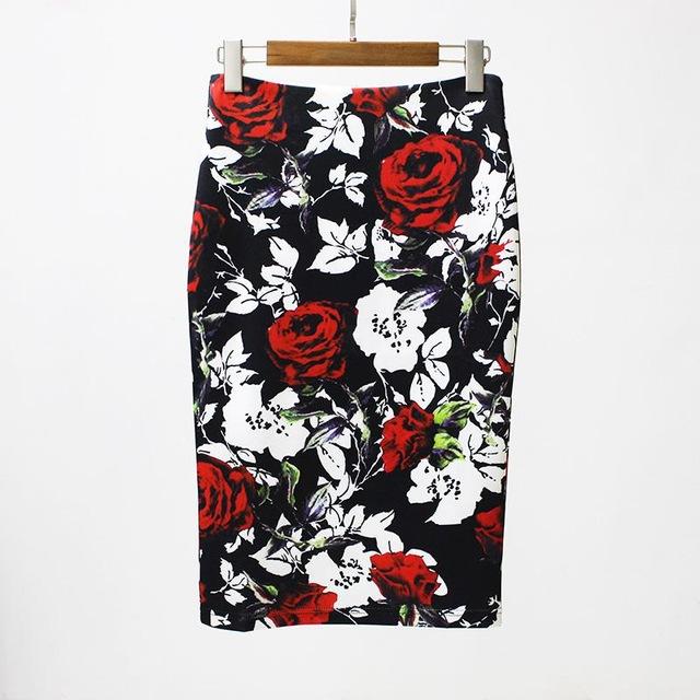 Black White Roses Floral Pencil Skirt