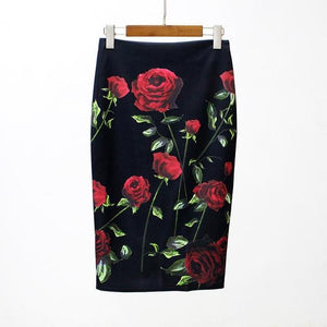 Red Roses Black Floral Pencil Skirt