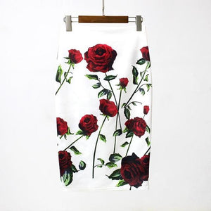 Red Roses White Floral Pencil Skirt
